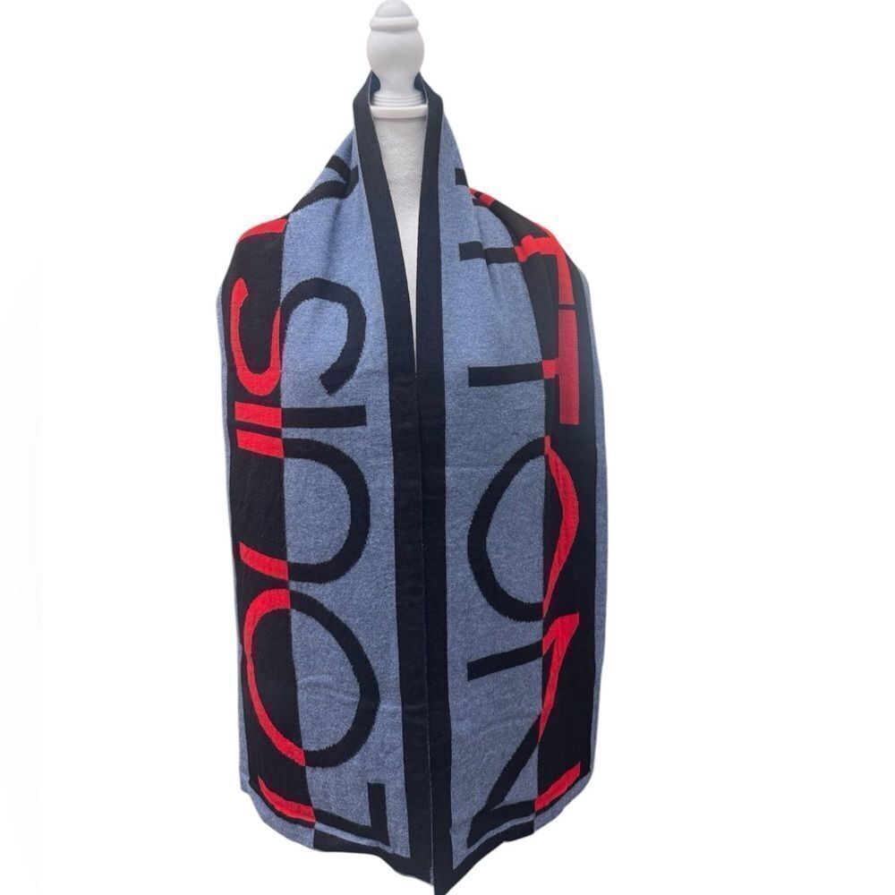 Auth Louis Vuitton 100% Wool Red Blue Black Gray Horizon Scarf Stole Muffler
